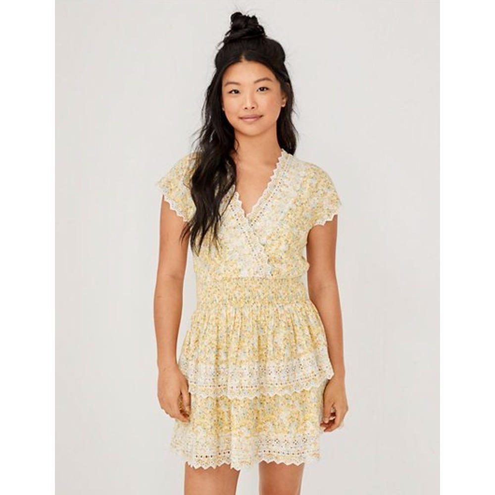 American Eagle Garden Party Faux Wrap Dress Yellow Floral Boho Summer Size Small - Picture 1 of 12